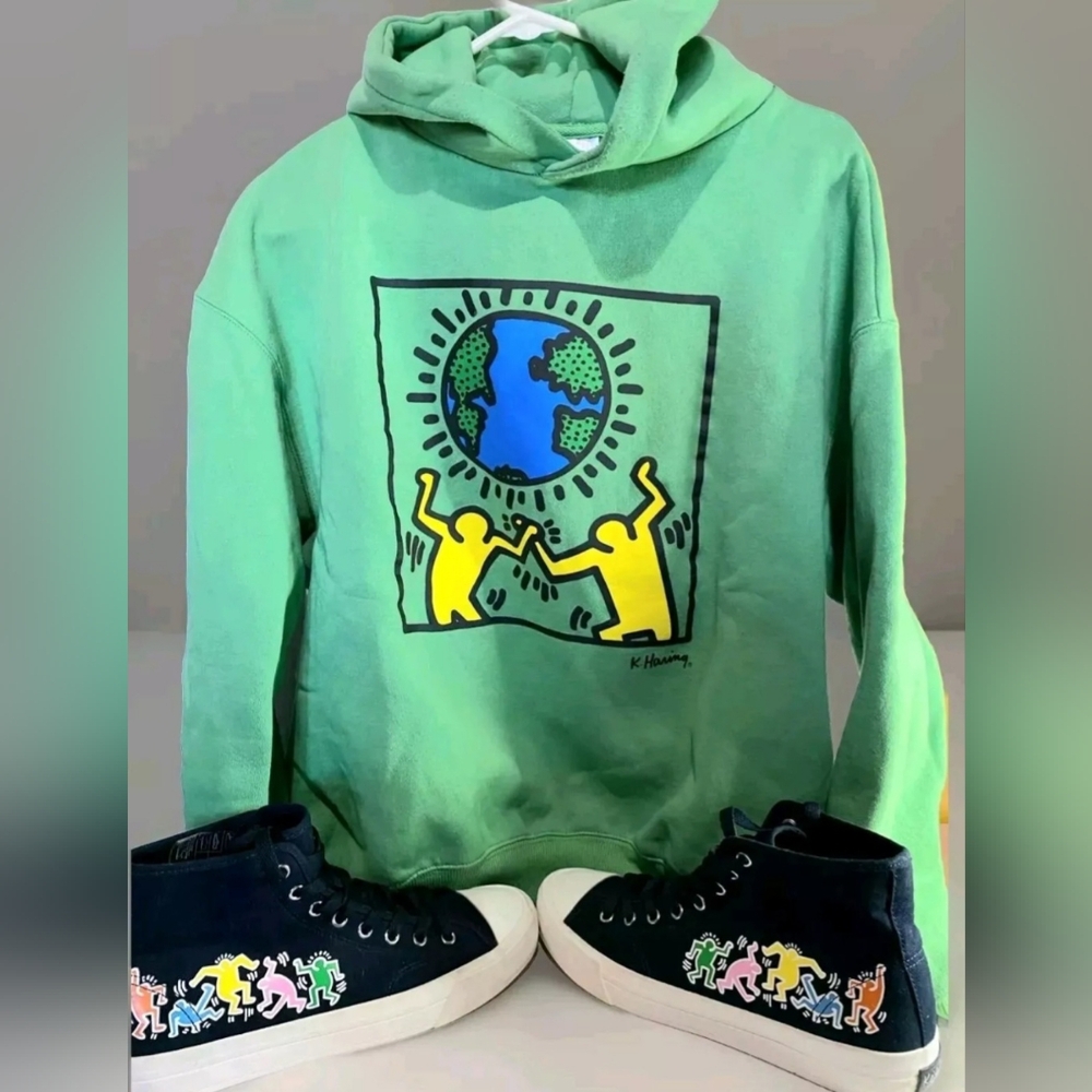 Legendary Keith Haring Mens Hoodie And Canvas High Top Sneakers H&M Size US 8.5